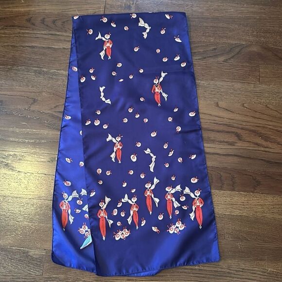 Vtg Transform dark purply blue polyester scarf with person in red outfit print - Picture 5 of 7